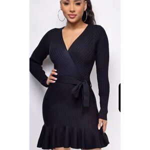 Emprada Ribbed Sweater Dress Black V Neck Fit Flare Size Large